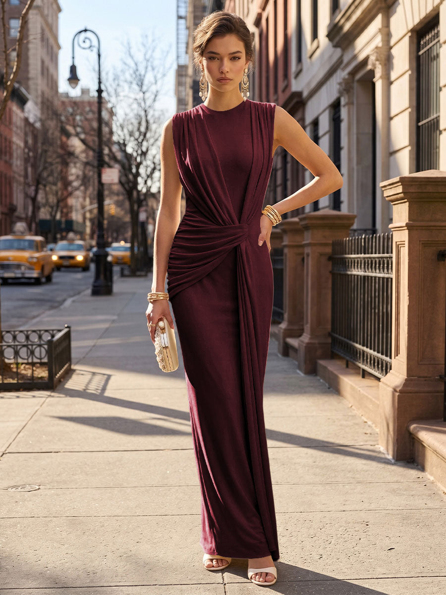 Stretch Mesh Sheath/Column Scoop Neck Floor-Length Formal Dresses with Ruched Waist
