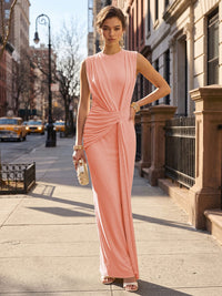 Stretch Mesh Sheath/Column Scoop Neck Floor-Length Formal Dresses with Ruched Waist