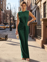 Stretch Mesh Sheath/Column Scoop Neck Floor-Length Formal Dresses with Ruched Waist
