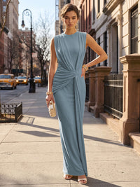 Stretch Mesh Sheath/Column Scoop Neck Floor-Length Formal Dresses with Ruched Waist