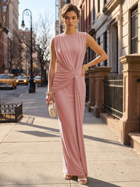 Stretch Mesh Sheath/Column Scoop Neck Floor-Length Formal Dresses with Ruched Waist