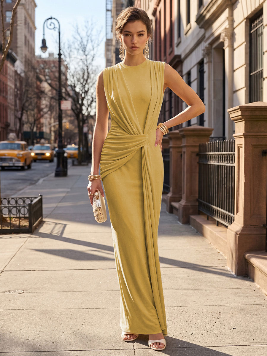 Stretch Mesh Sheath/Column Scoop Neck Floor-Length Formal Dresses with Ruched Waist