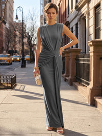 Stretch Mesh Sheath/Column Scoop Neck Floor-Length Formal Dresses with Ruched Waist