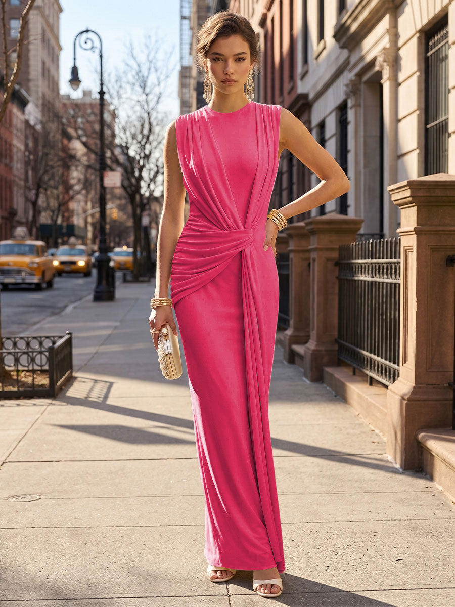 Stretch Mesh Sheath/Column Scoop Neck Floor-Length Formal Dresses with Ruched Waist