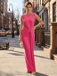 Stretch Mesh Sheath/Column Scoop Neck Floor-Length Formal Dresses with Ruched Waist