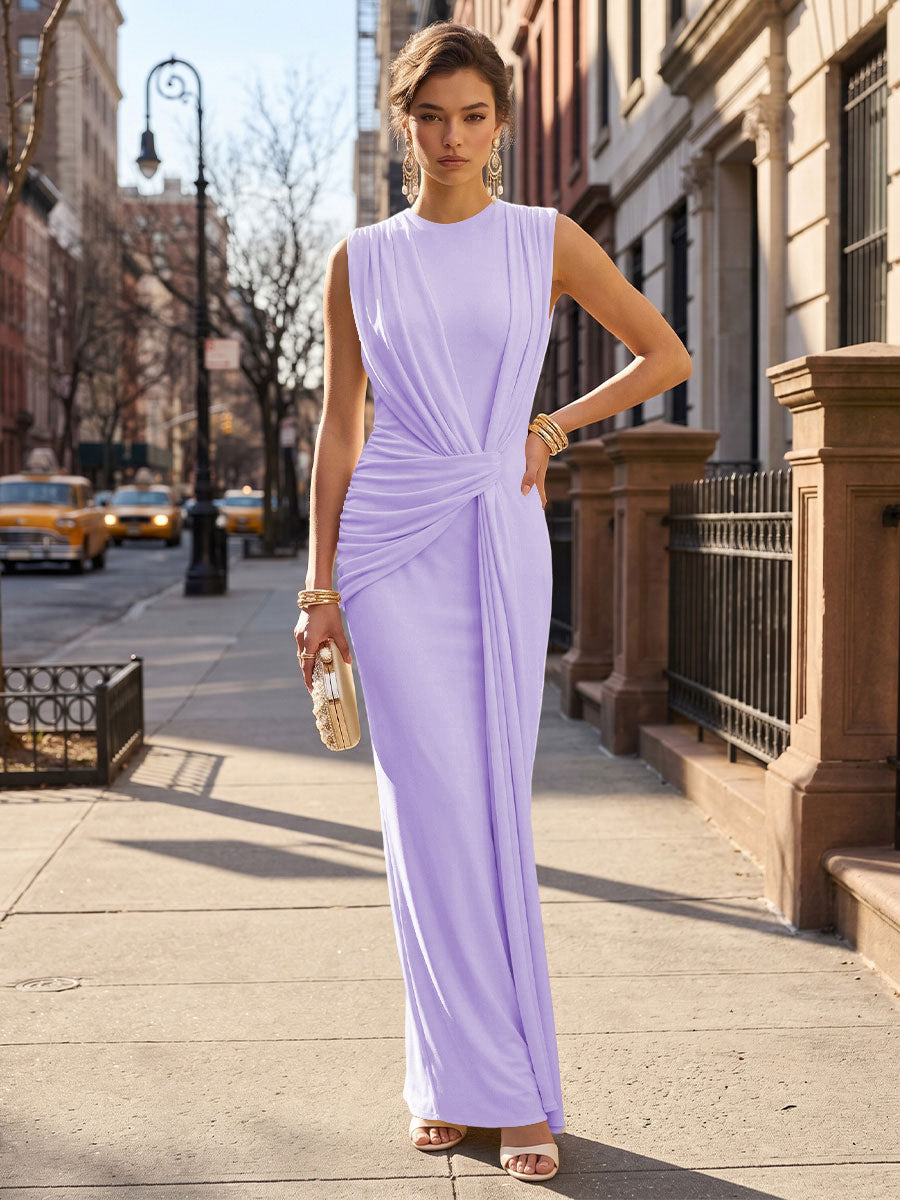 Stretch Mesh Sheath/Column Scoop Neck Floor-Length Formal Dresses with Ruched Waist