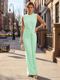 Stretch Mesh Sheath/Column Scoop Neck Floor-Length Formal Dresses with Ruched Waist