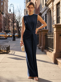 Stretch Mesh Sheath/Column Scoop Neck Floor-Length Formal Dresses with Ruched Waist