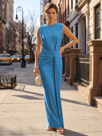 Stretch Mesh Sheath/Column Scoop Neck Floor-Length Formal Dresses with Ruched Waist