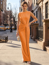 Stretch Mesh Sheath/Column Scoop Neck Floor-Length Formal Dresses with Ruched Waist
