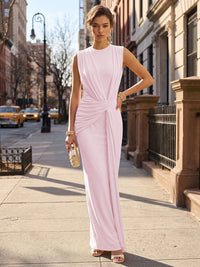 Stretch Mesh Sheath/Column Scoop Neck Floor-Length Formal Dresses with Ruched Waist