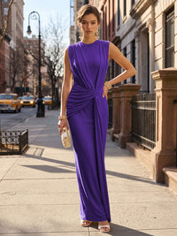 Stretch Mesh Sheath/Column Scoop Neck Floor-Length Formal Dresses with Ruched Waist