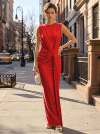Stretch Mesh Sheath/Column Scoop Neck Floor-Length Formal Dresses with Ruched Waist