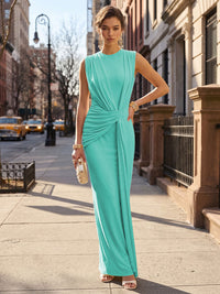 Stretch Mesh Sheath/Column Scoop Neck Floor-Length Formal Dresses with Ruched Waist