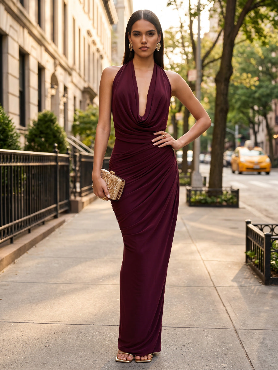 Stretch Mesh Sheath/Column Halter Floor-Length Formal Dresses with Ruched Waist
