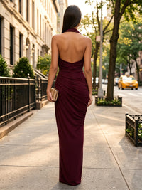 Stretch Mesh Sheath/Column Halter Floor-Length Formal Dresses with Ruched Waist
