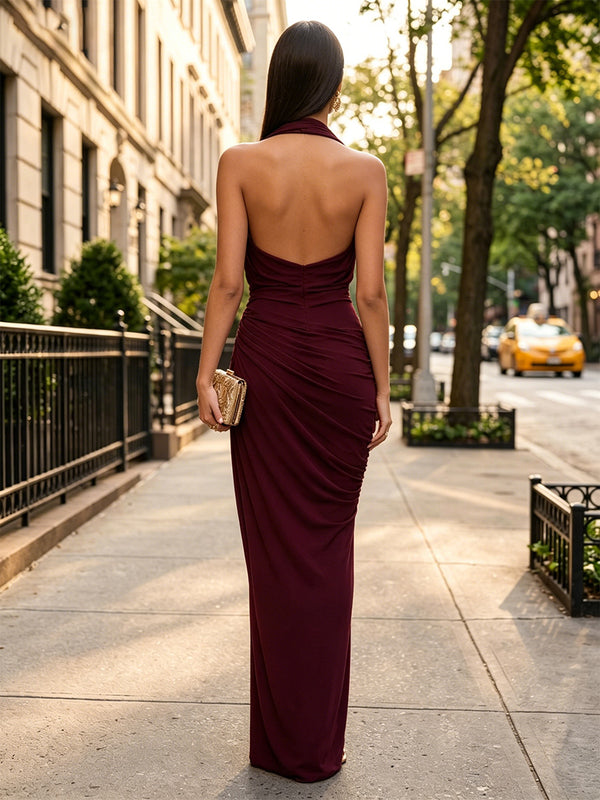 Stretch Mesh Sheath/Column Halter Floor-Length Formal Dresses with Ruched Waist