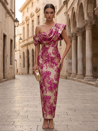 Floral Print Sheath/Column Off Shoulder Floor-Length Formal Dresses for Women