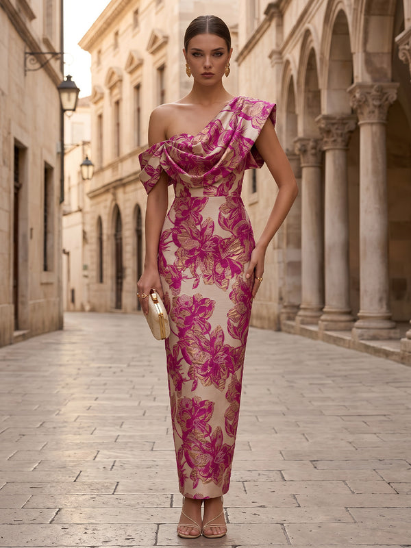 Floral Print Sheath/Column Off Shoulder Floor-Length Formal Dresses for Women