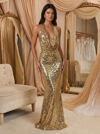 Sequin Sheath/Column Cowl Neck Floor-Length Formal Dresses with Sweep Train