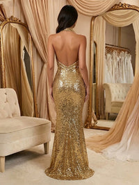 Sequin Sheath/Column Cowl Neck Floor-Length Formal Dresses with Sweep Train