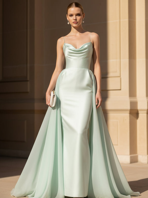 Satin Mermaid Cowl Neck Spaghetti Straps Ruffles Formal Dresses