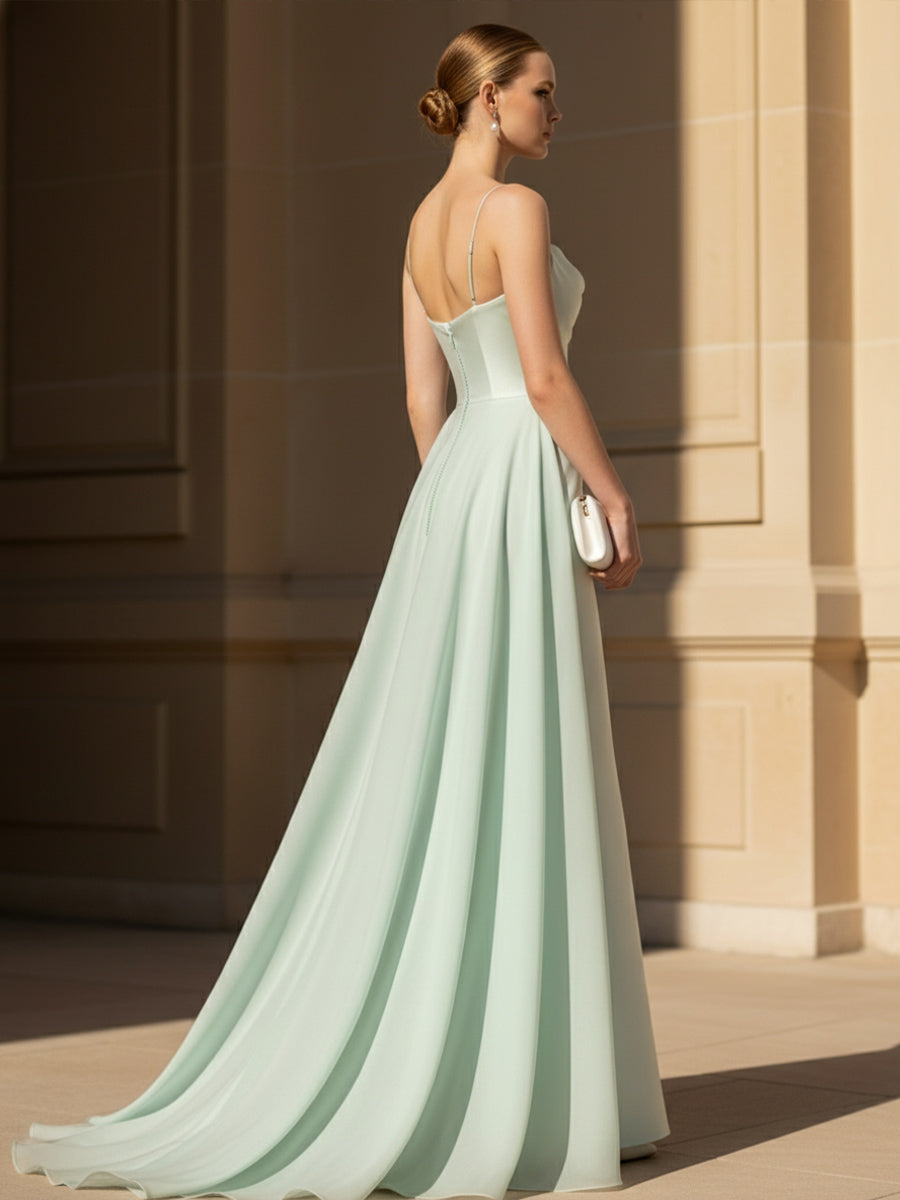 Satin Mermaid Cowl Neck Spaghetti Straps Ruffles Formal Dresses