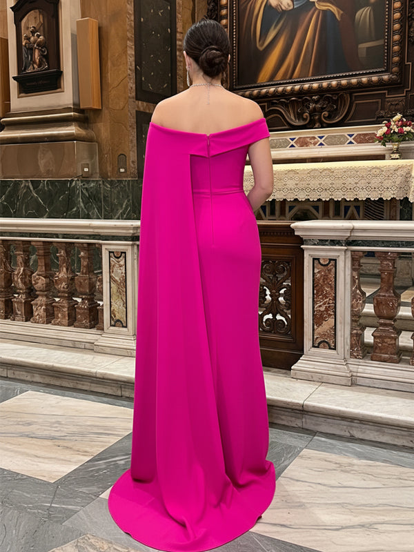 Satin Mermaid Off the Shoulder Cape Ruched Formal Dresses