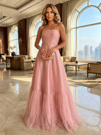 Tulle A Line Strapless Pleats Ruffles Formal Dresses