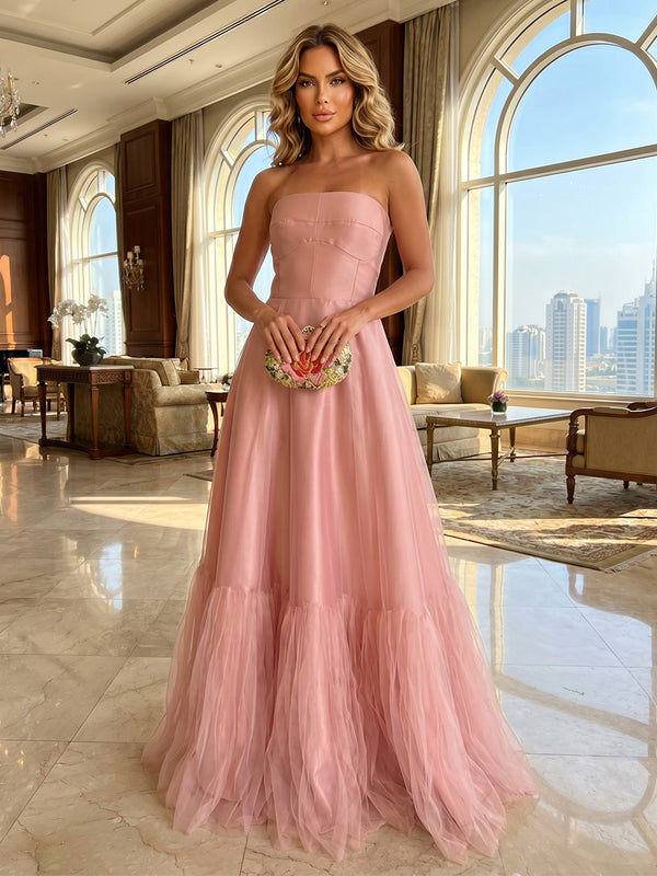 Tulle A Line Strapless Pleats Ruffles Formal Dresses