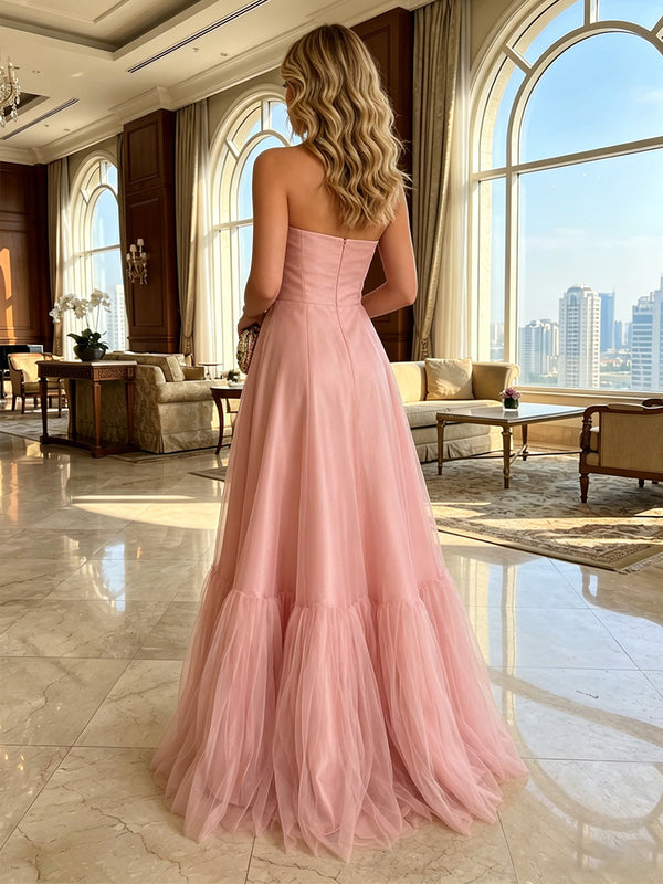 Tulle A Line Strapless Pleats Ruffles Formal Dresses