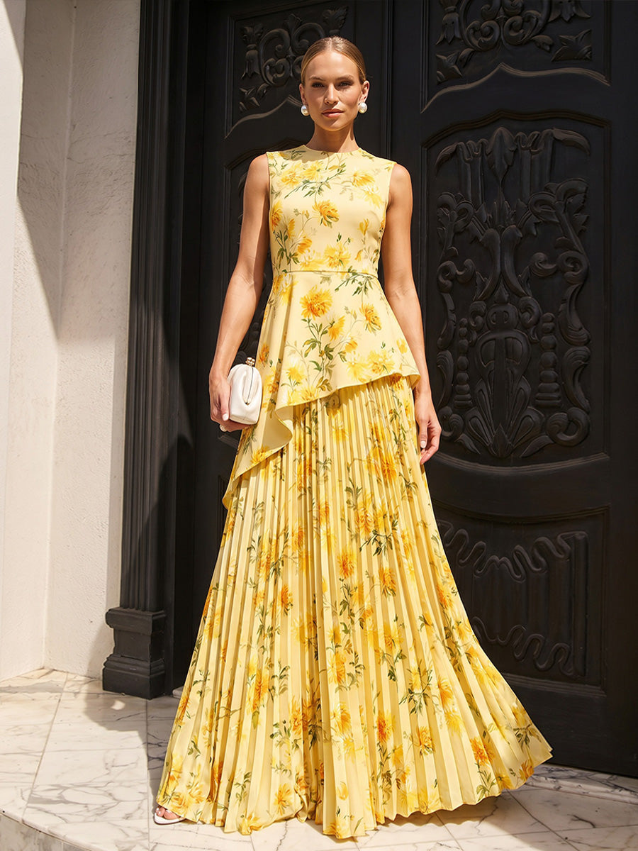 Floral Print A Line Scoop Neck Pleats Corset Formal Dresses