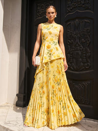 Floral Print A Line Scoop Neck Pleats Corset Formal Dresses