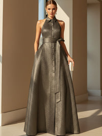 Metallic Satin A Line Crew Neck Corset Simple Formal Dresses
