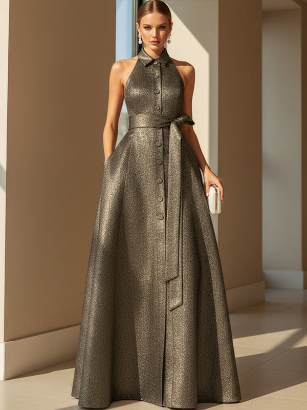 Metallic Satin A Line Crew Neck Corset Simple Formal Dresses