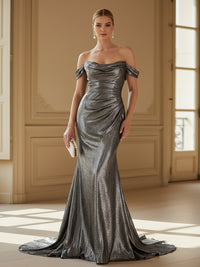 Metallic Satin Mermaid Off the Shoulder Ruched Corset Formal Dresses