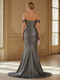 Metallic Satin Mermaid Off the Shoulder Ruched Corset Formal Dresses