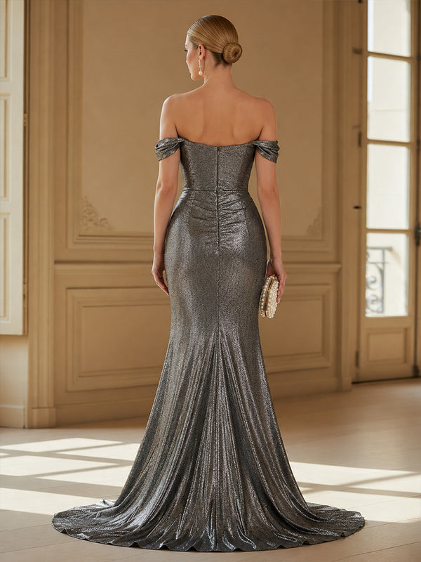 Metallic Satin Mermaid Off the Shoulder Ruched Corset Formal Dresses