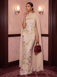 Sequin Floral A Line Scoop Neck Cape Corset Formal Dresses