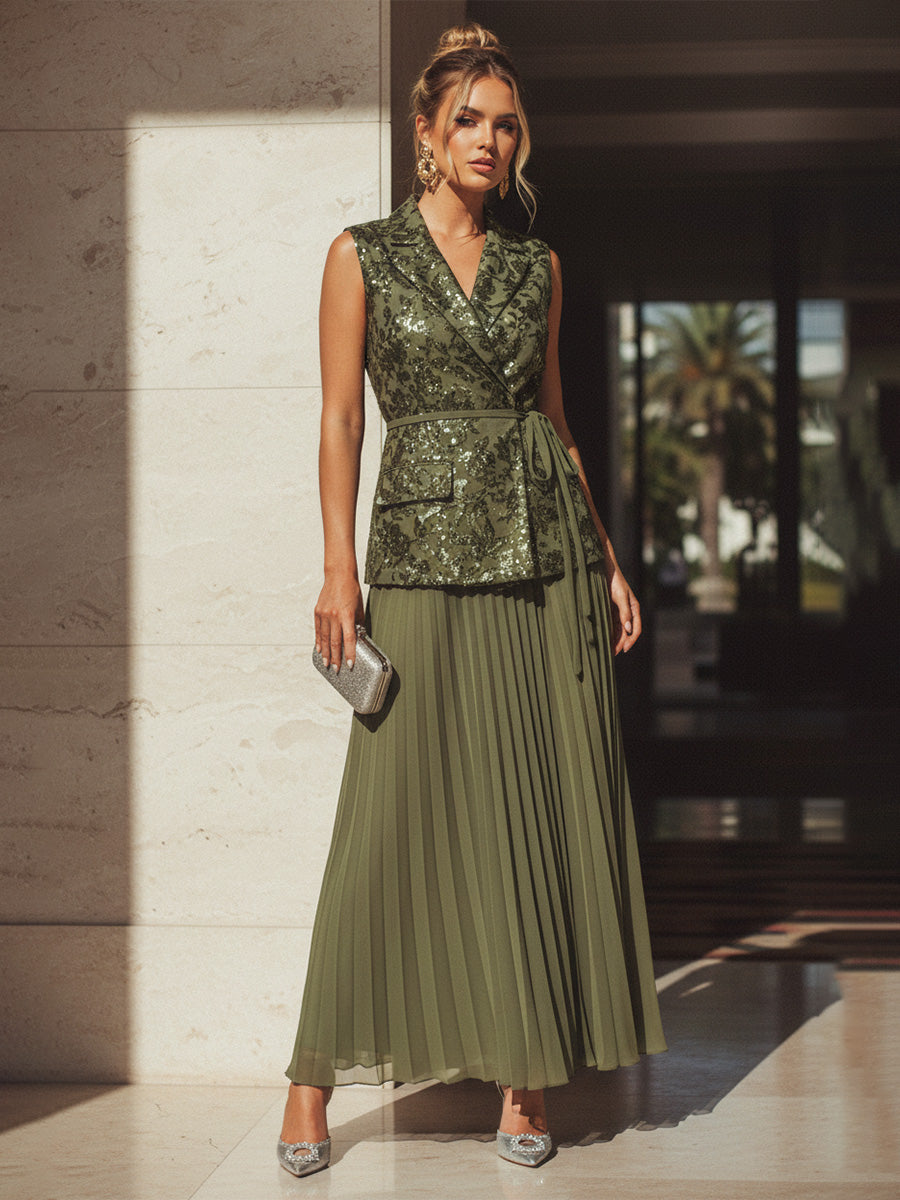 Chiffon A Line V Neck Pleats Sequin Formal Dresses