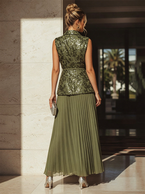 Chiffon A Line V Neck Pleats Sequin Formal Dresses