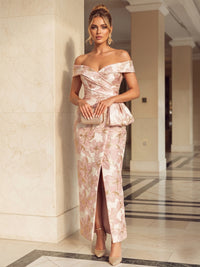 Floral Print Mermaid Off the Shoulder Slit Ruffles Formal Dresses