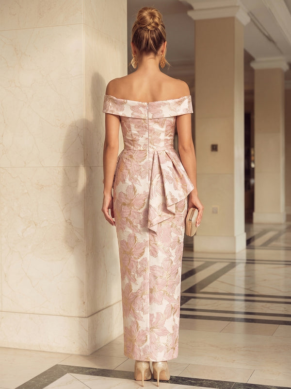 Floral Print Mermaid Off the Shoulder Slit Ruffles Formal Dresses