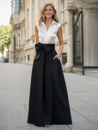 Satin A Line Crew Neck Pleats Pocket Formal Dresses