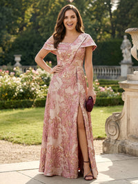Jacquard A-Line/Princess Asymmetric Neck Floor-Length Formal Dresses with Slit