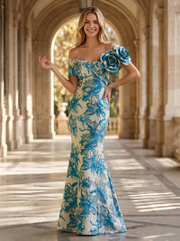 Jacquard Mermaid/Trumpet Off Shoulder Floor-Length Formal Dresses with 3D Flowers