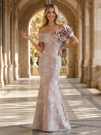 Jacquard Mermaid/Trumpet Off Shoulder Floor-Length Formal Dresses with 3D Flowers