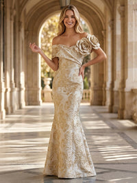Jacquard Mermaid/Trumpet Off Shoulder Floor-Length Formal Dresses with 3D Flowers