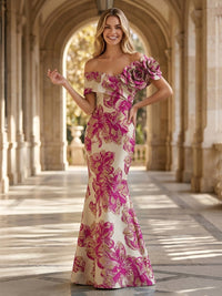 Jacquard Mermaid/Trumpet Off Shoulder Floor-Length Formal Dresses with 3D Flowers