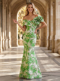 Jacquard Mermaid/Trumpet Off Shoulder Floor-Length Formal Dresses with 3D Flowers
